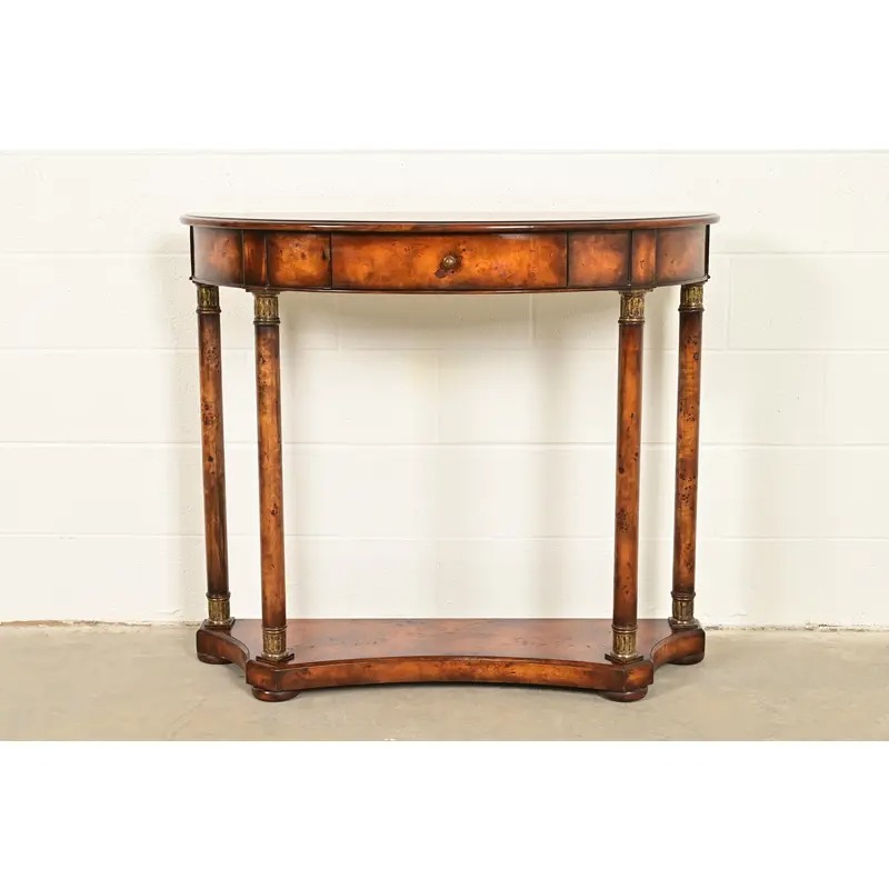 Maitland Smith Style French Empire Burl Wood and Gold Gilt Demilune Console Table