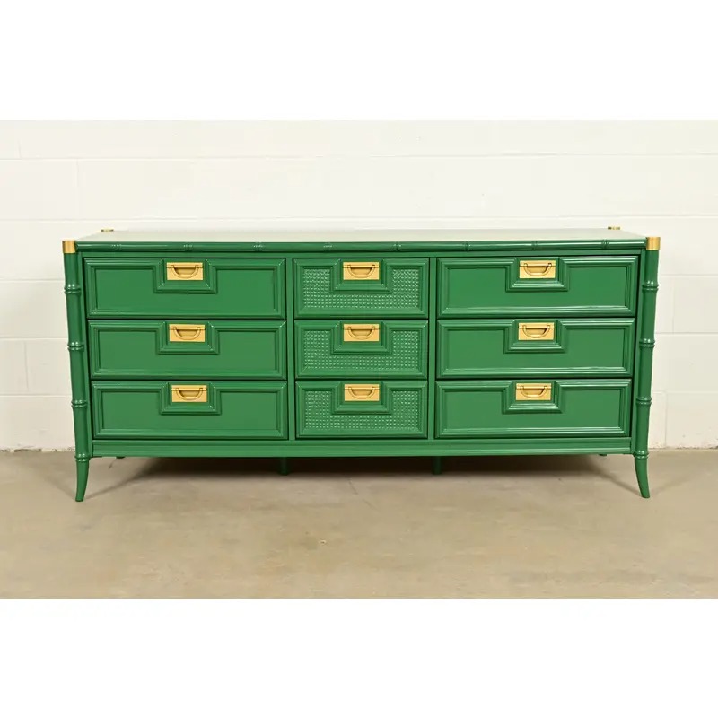 Mid-Century Hollywood Regency Campaign Green Lacquered Faux Bamboo Triple Dresser or Credenza by Stanley, Newly Refinished