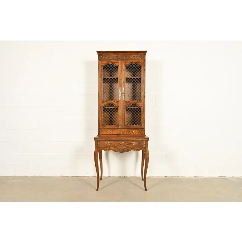 Baker Furniture French Provincial Louis XV Carved Oak Secretary Desk With Bookcase Hutch, Circa 1960s