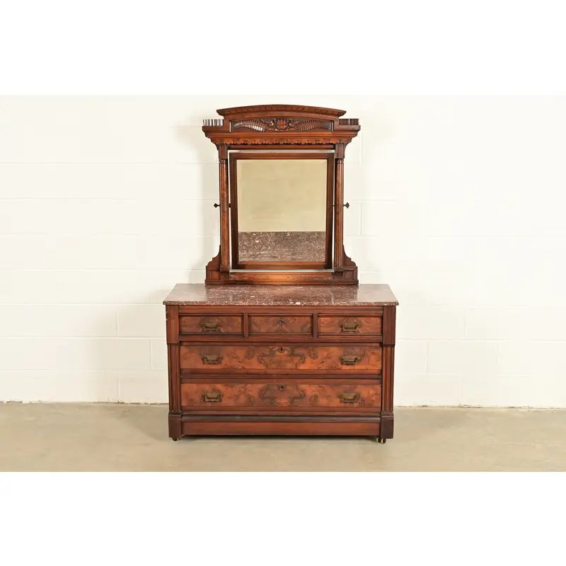 Herter Brothers Style Antique Eastlake Victorian Carved Burled Walnut Marble Top Dresser With Mirror, Circa 1880s