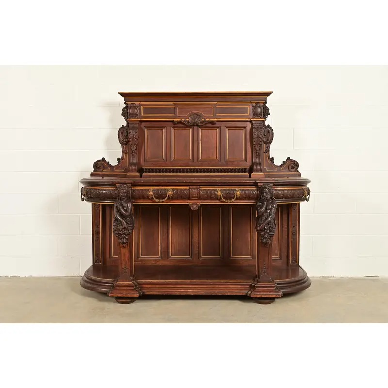 R. J. Horner Renaissance Revival Ornate Carved Oak Sideboard or Bar Cabinet, Circa 1880s