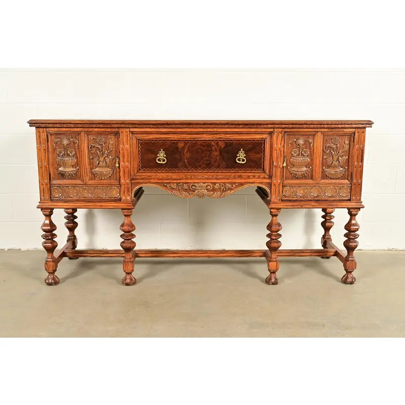Early Romweber Antique English Jacobean Carved Oak and Burl Wood Sideboard, Circa 1900
