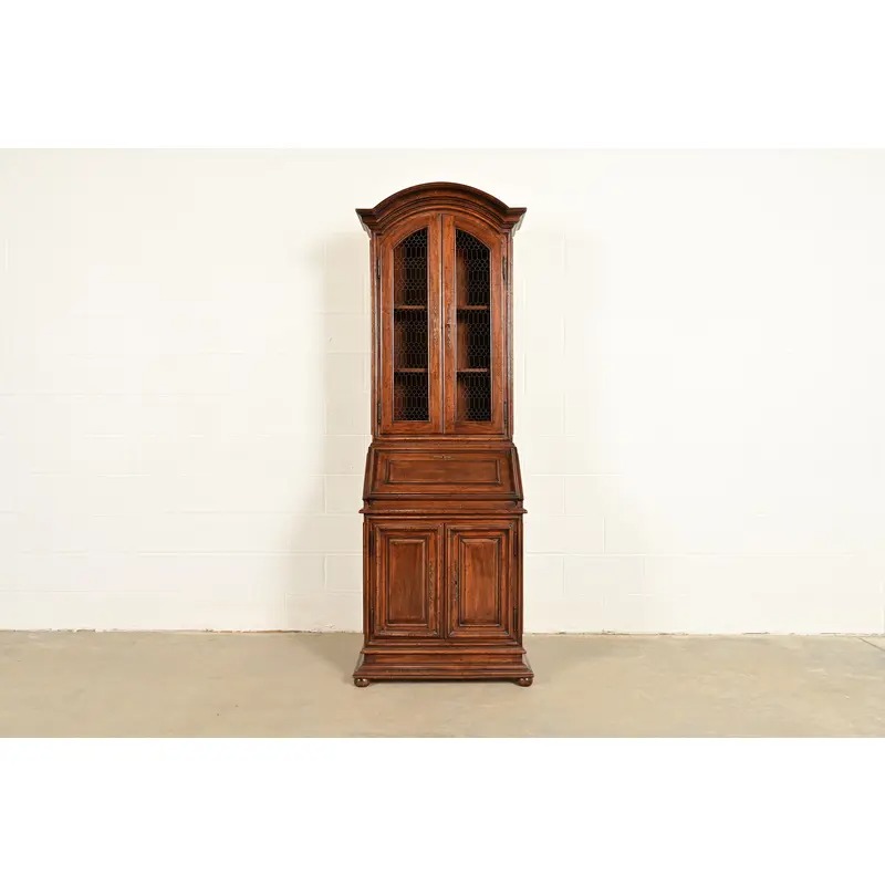 Guido Zichele Style Italian Provincial Carved Walnut Drop Front Secretary Desk With Lighted Bookcase Hutch, Circa 1970s