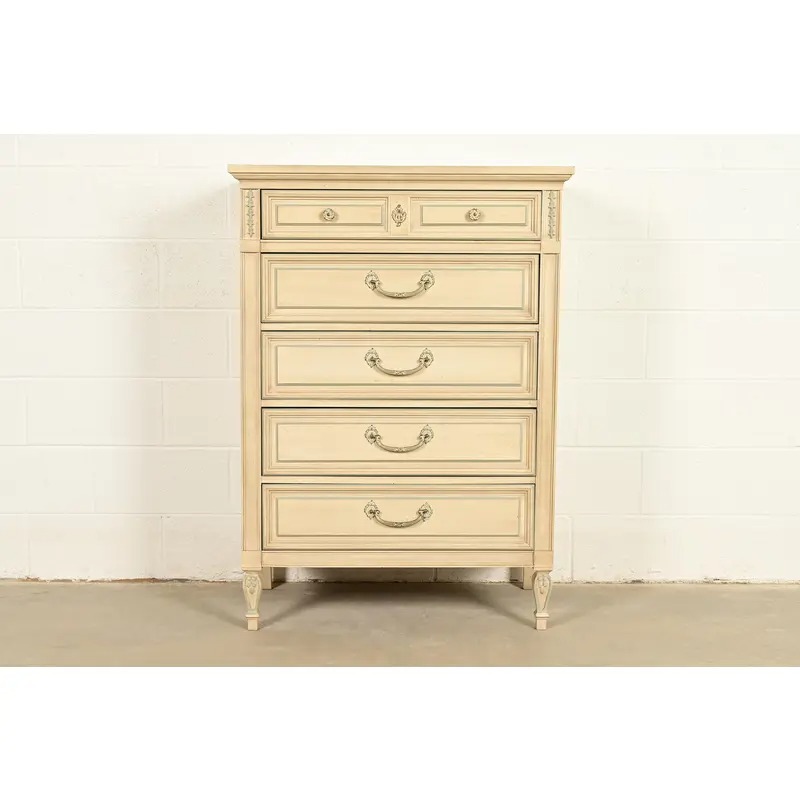 John Widdicomb Style French Regency Louis XVI Cream Lacquered Highboy Dresser, Circa 1960s