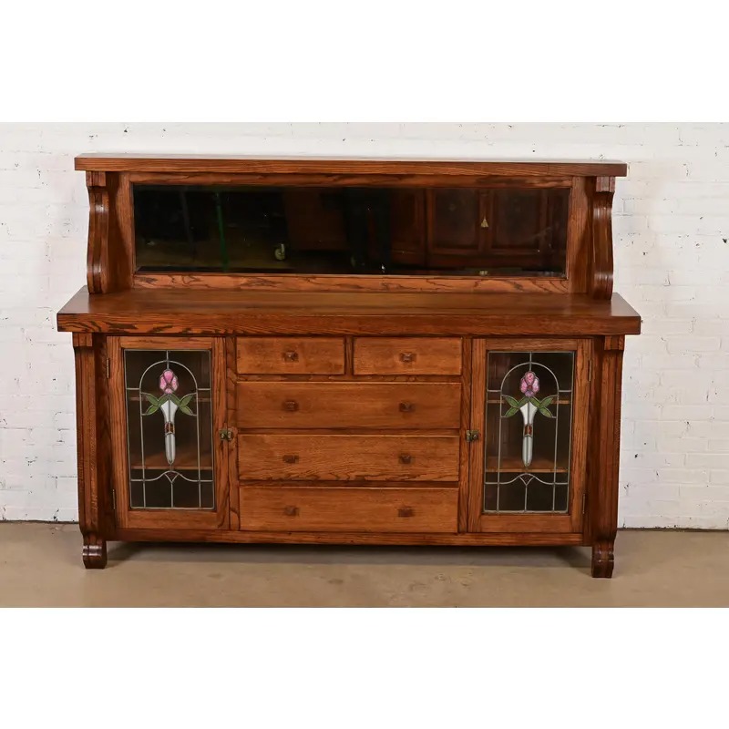 Antique Arts & Crafts Carved Oak Sideboard or Bar Cabinet With Stained Glass Doors, Newly Refinished - Image 2