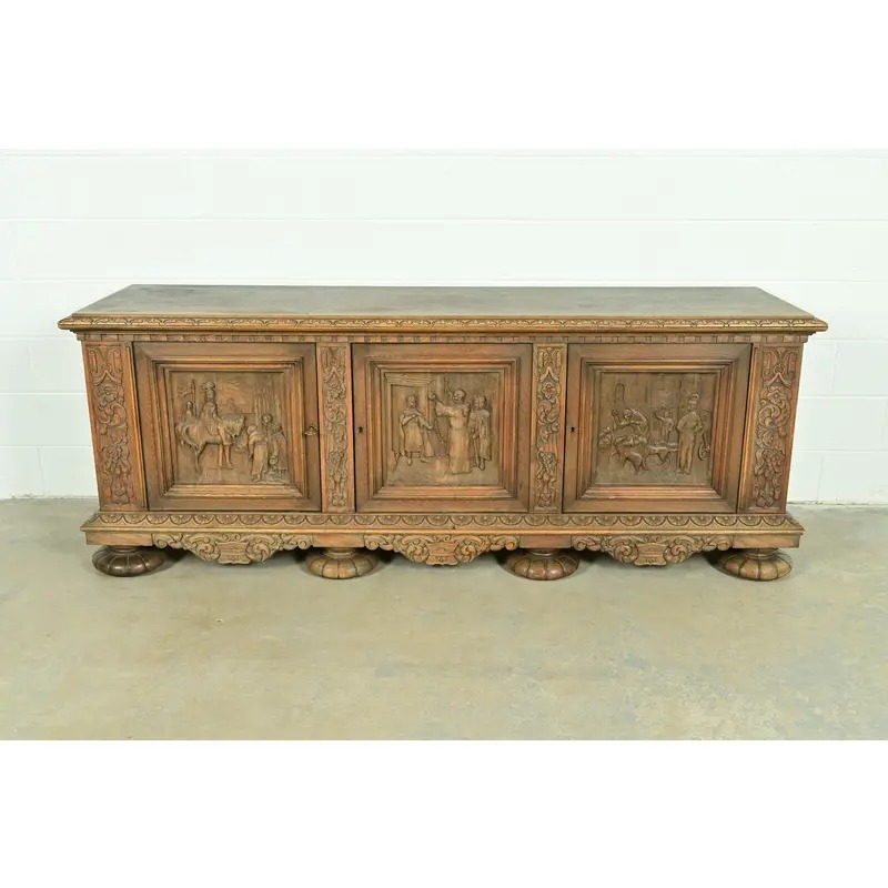Antique Danish Renaissance Revival Carved Oak Sideboard or Bar Cabinet, Circa 1890s - Image 2