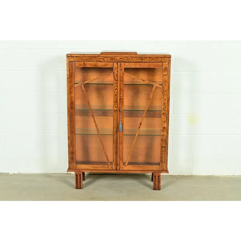 Antique English Art Deco Carved Oak Bookcase or Display Cabinet, Circa 1920s - Image 2