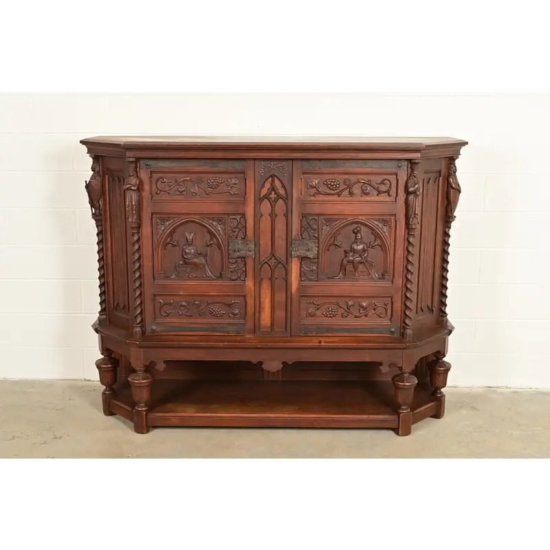 Antique French Gothic Revival Oak Bar Cabinet With Carved Figures, Circa 1890s - Image 2