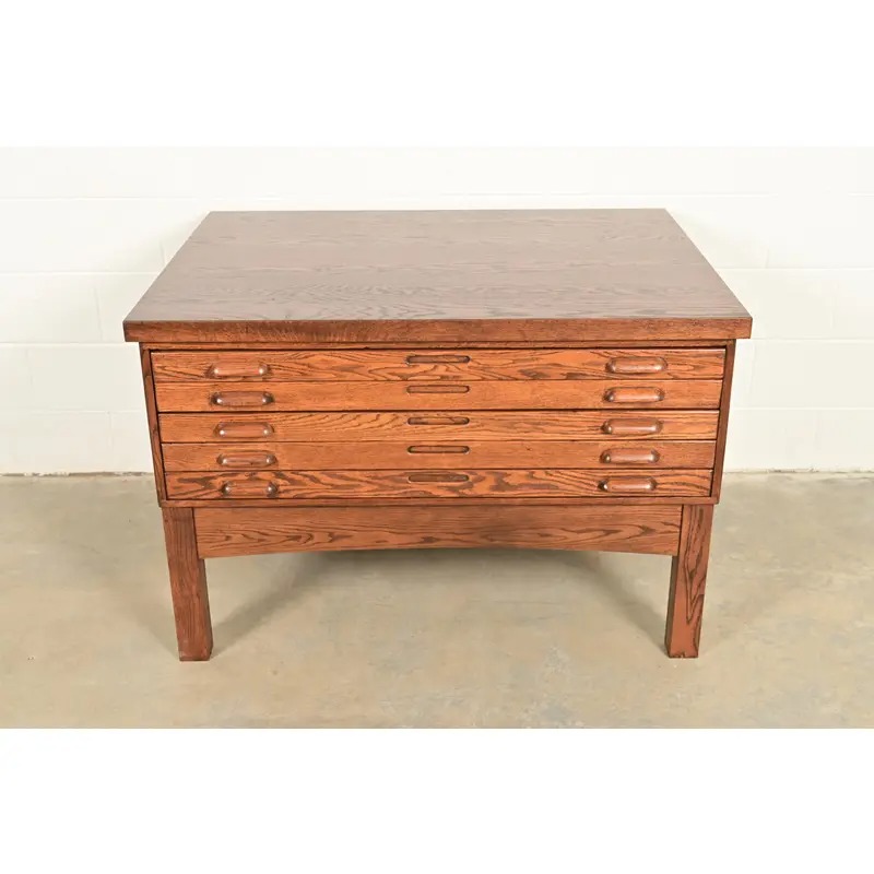 Antique Oak Arts & Crafts 5-Drawer Architect's Blueprint Flat File Cabinet, Newly Refinished - Image 2