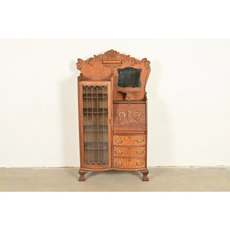 Antique Victorian Carved Tiger Oak Side-by-Side Bookcase With Drop Front Secretary Desk, Circa 1900 - Image 2