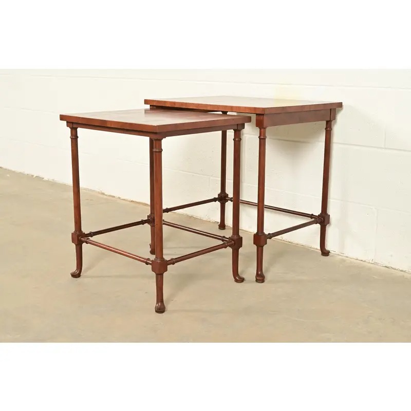 Baker Furniture English Regency Walnut and Burl Wood Parquet Top Nesting Tables, Pair - Image 2