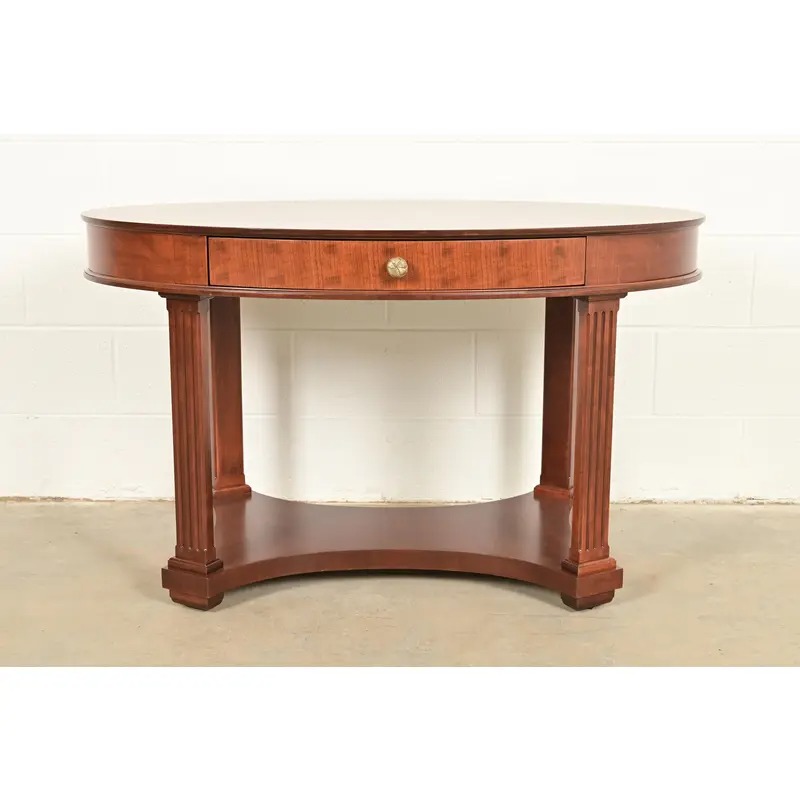 Baker Furniture French Empire Carved Cherry and Burl Wood Library Table or Center Table, Newly Refinished - Image 2