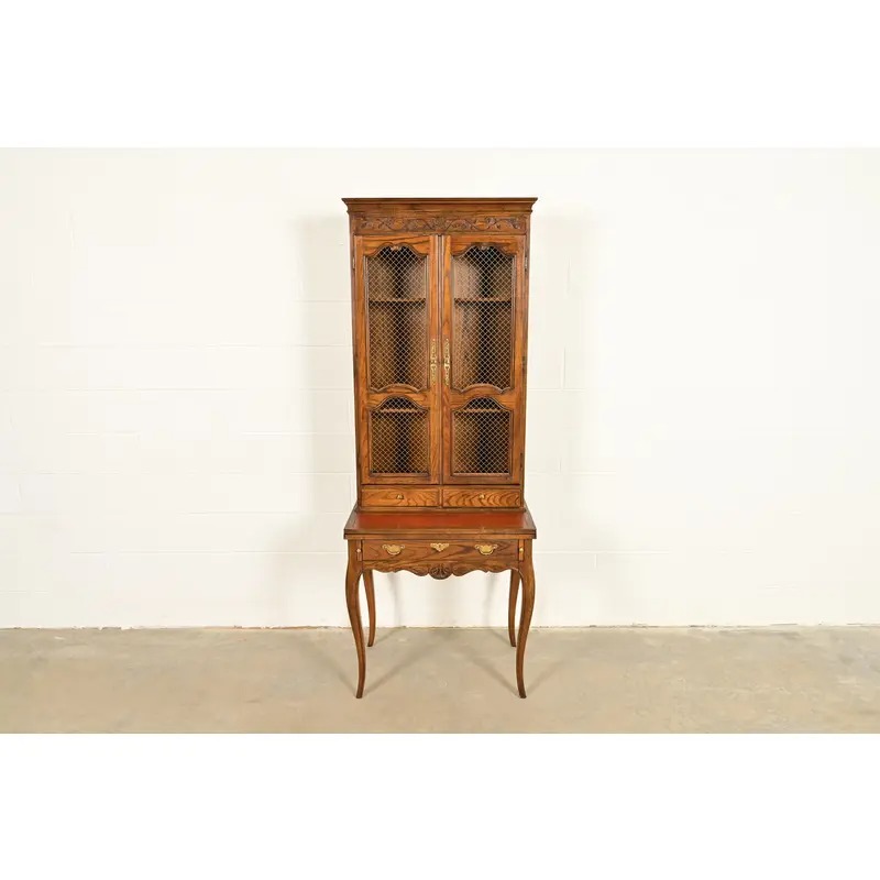 Baker Furniture French Provincial Louis XV Carved Oak Secretary Desk With Bookcase Hutch, Circa 1960s - Image 2