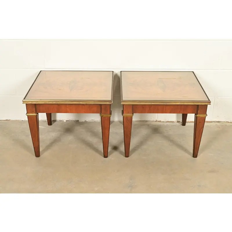 Baker Furniture French Regency Louis XVI Cherry, Burl Wood, and Brass Side Tables, Pair - Image 2
