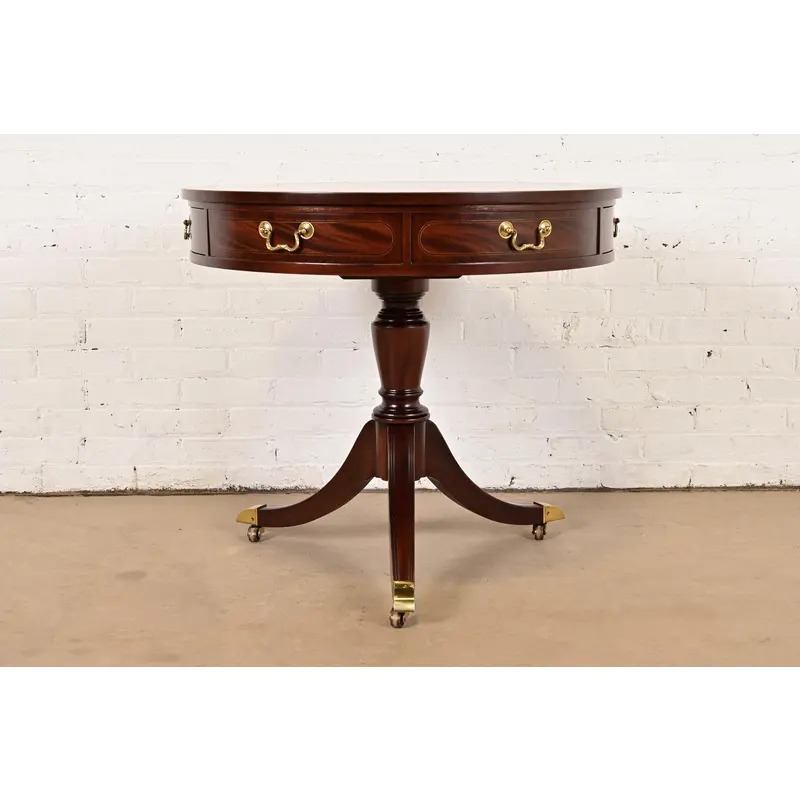 Baker Furniture Georgian Flame Mahogany Pedestal Drum Side Table or Tea Table, Newly Refinished - Image 2