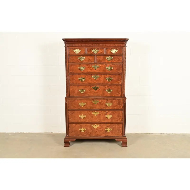 Baker Furniture Historic Charleston Chippendale Carved Mahogany and Burl Wood Eleven-Drawer Highboy Dresser - Image 2
