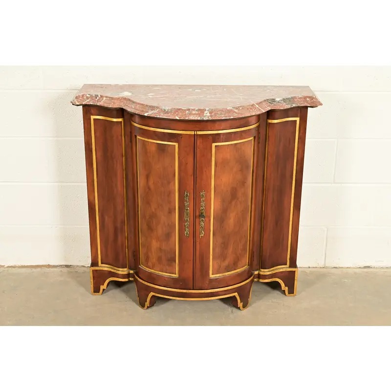Baker Furniture Italian Provincial Carved Cherry Wood, Parcel Gilt, and Marble Top Demilune Sideboard or Bar Cabinet - Image 2