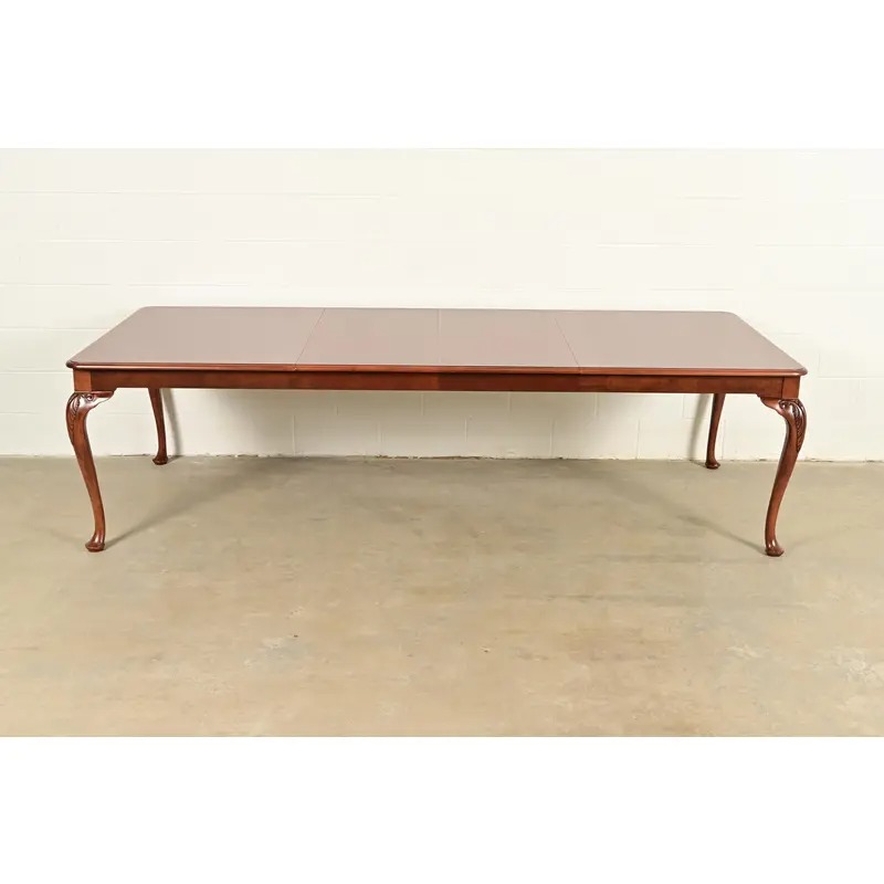 Baker Furniture Queen Anne Carved Cherry and Burl Wood Extension Dining Table, Newly Refinished