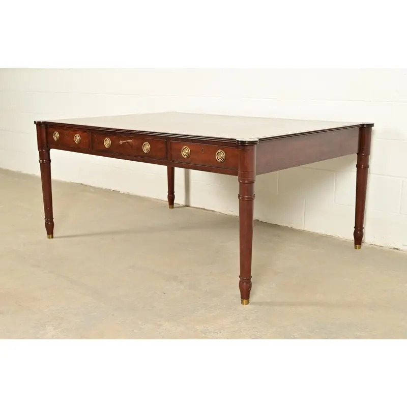 Baker Furniture Stately Homes Collection English Regency Carved Mahogany Leather Top Partner's Desk - Image 2