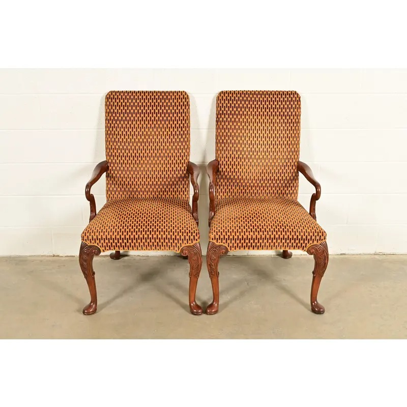 Baker Furniture Stately Homes Georgian Carved Mahogany Open Arm Library Chairs, Pair - Image 2