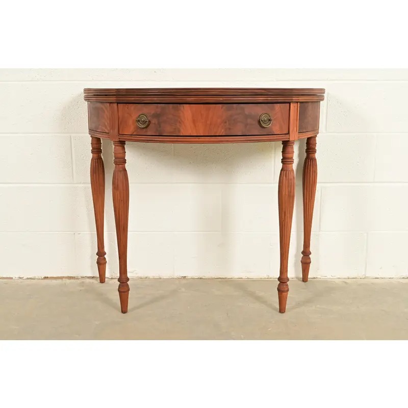 Baker Furniture Style Antique Federal Flame Mahogany Flip Top Demilune Console Game Table, Circa 1920s - Image 2