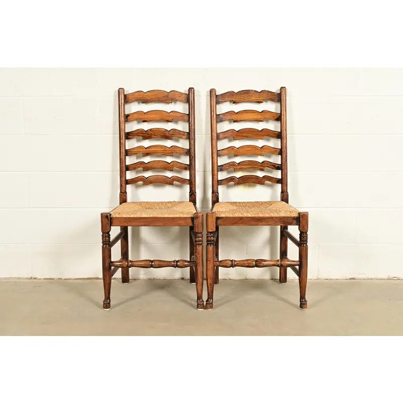 Baker Furniture Style English Country Rustic Carved Solid Oak Ladder Back Dining Chairs With Rush Seats, Pair - Image 2
