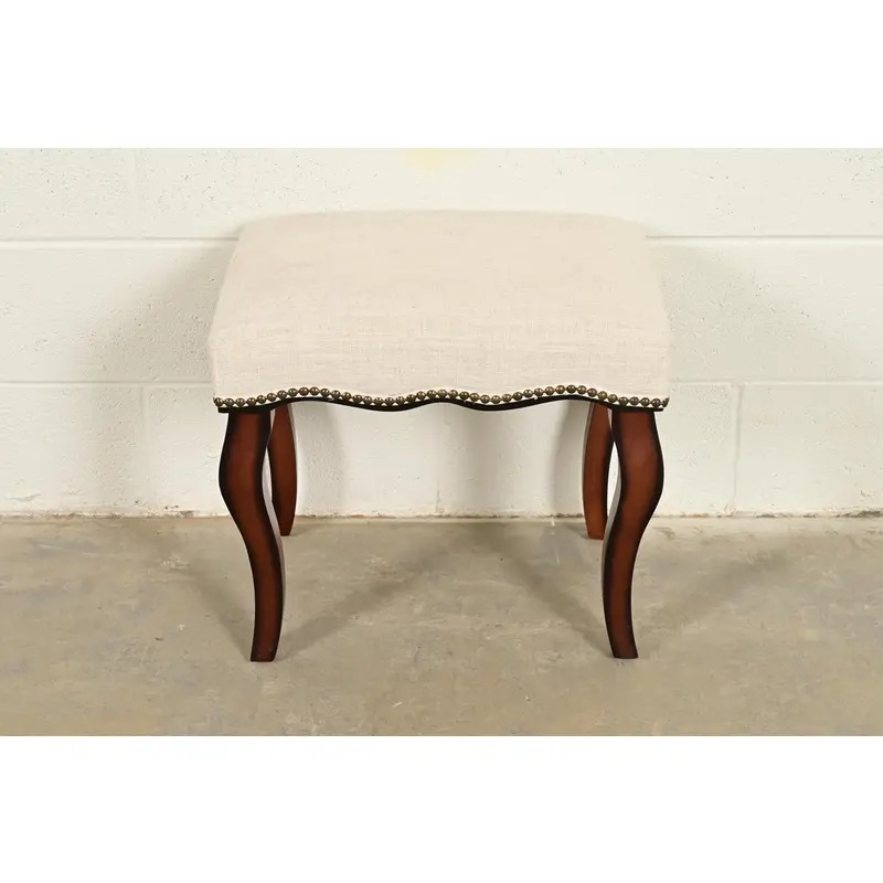 Baker Furniture Style French Provincial Louis XV Carved Mahogany Upholstered Stool or Ottoman - Image 2