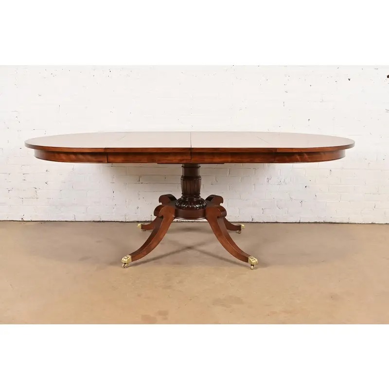 Baker Furniture Style Georgian Banded Mahogany and Burl Wood Pedestal Extension Dining Table, Newly Refinished - Image 2