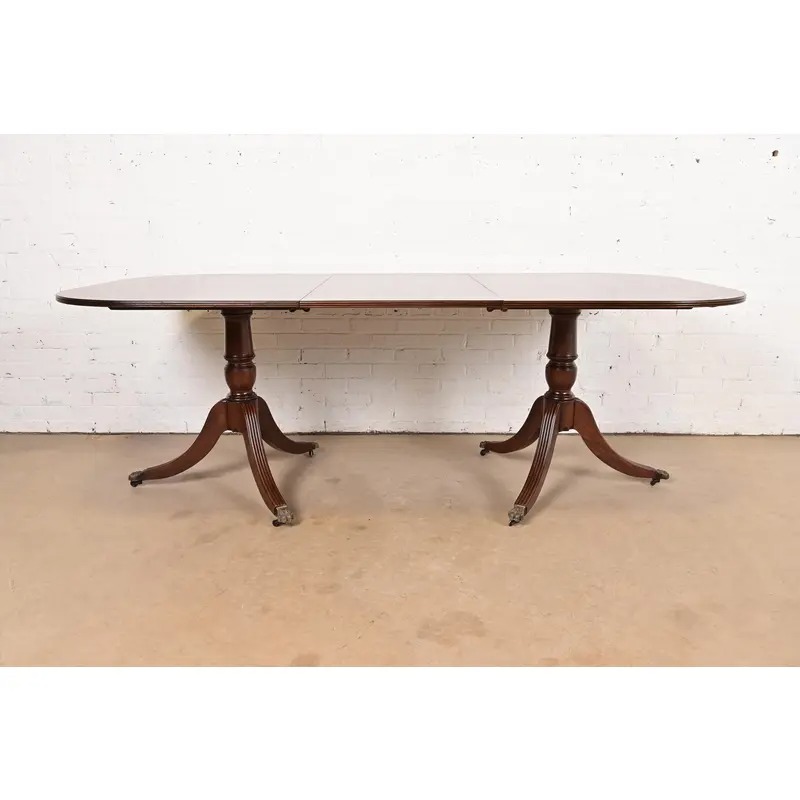 Baker Furniture Style Georgian Banded Mahogany Double Pedestal Extension Dining Table, Newly Refinished - Image 2