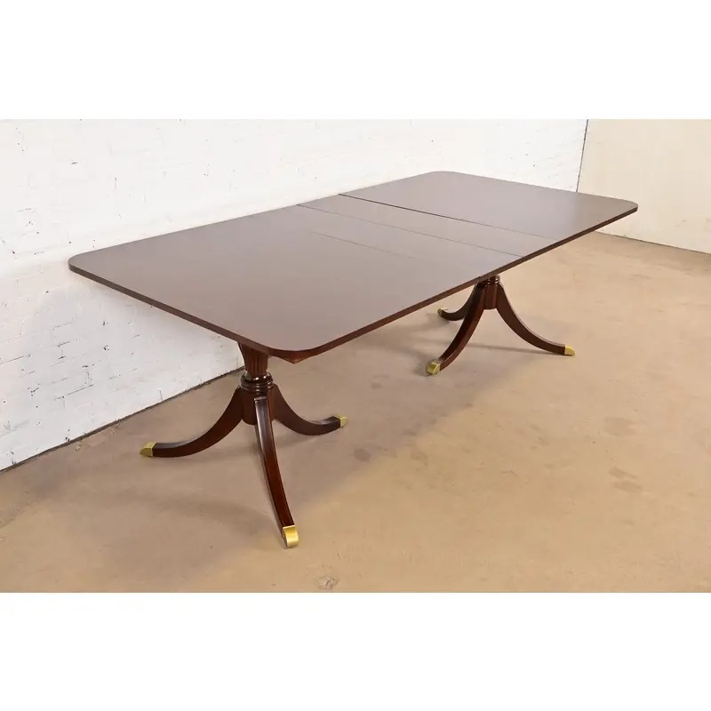 Baker Furniture Style Georgian Banded Mahogany Double Pedestal Extension Dining Table, Newly Refinished - Image 2