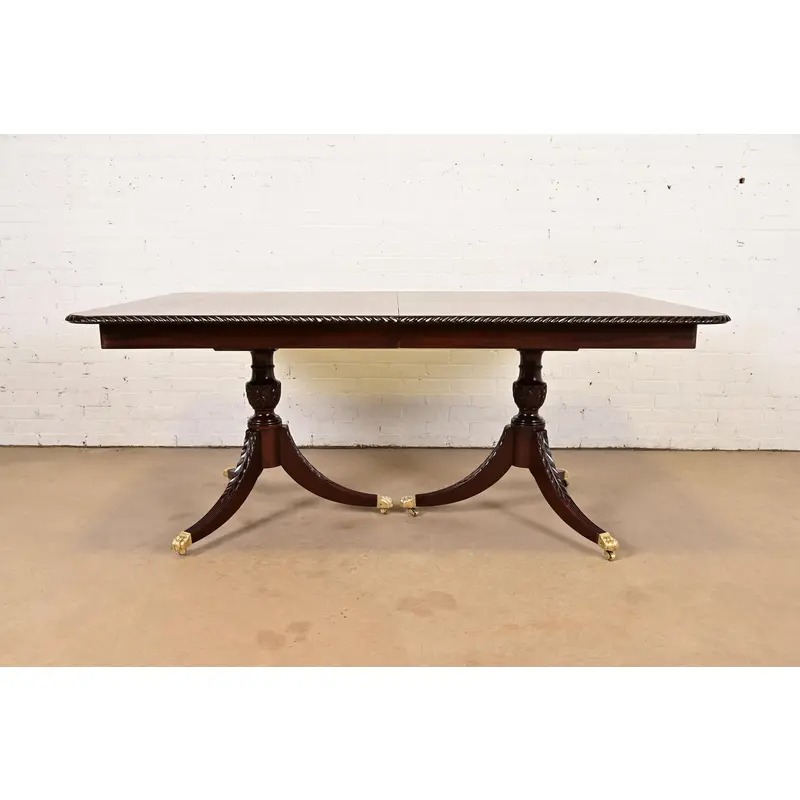 Baker Furniture Style Georgian Mahogany Double Pedestal Extension Dining Table, Newly Refinished - Image 2