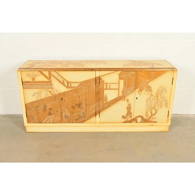 Baker Furniture Style Hollywood Regency Chinoiserie Hand-Painted Cream Lacquered Sideboard Credenza, Circa 1970s - Image 2
