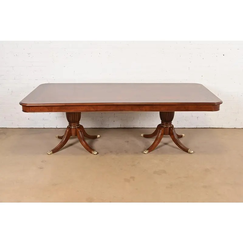 Baker Furniture Style Italian Regency Inlaid Banded Burl Wood Double Pedestal Dining Table, Newly Restored - Image 2