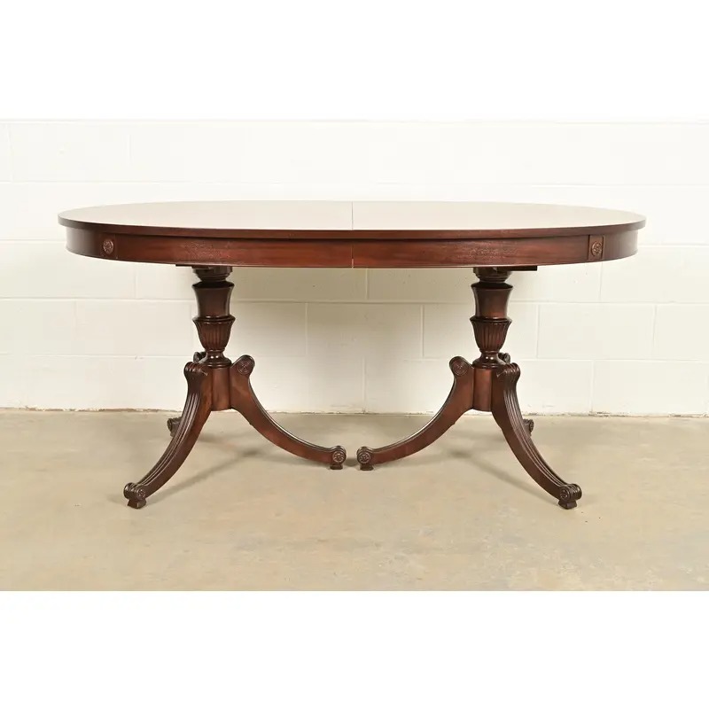 Baker Furniture Style Regency Mahogany Double Pedestal Extension Dining Table, Newly Refinished - Image 2