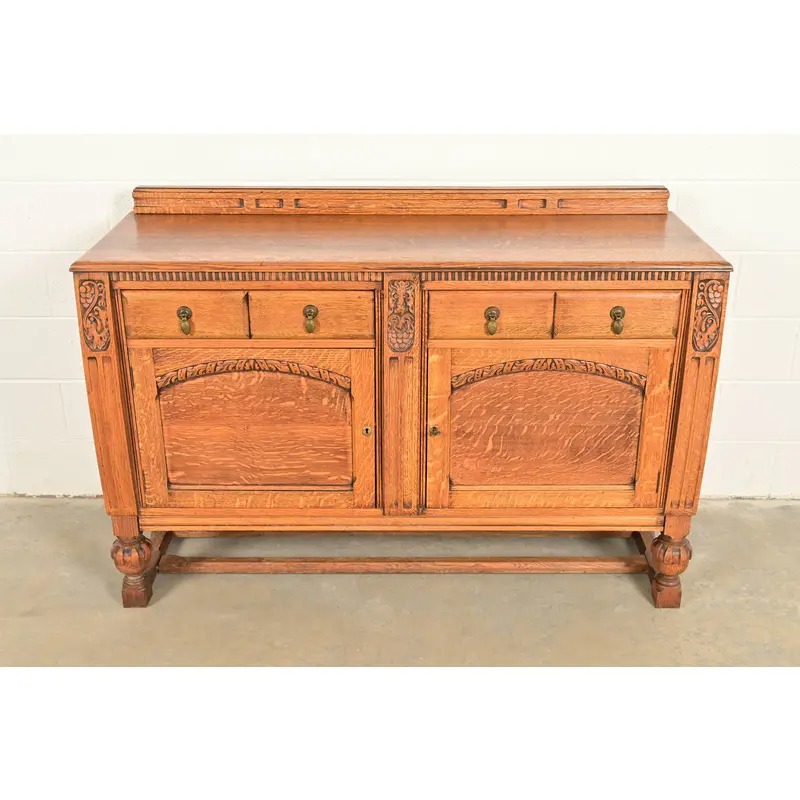 Berkey & Gay Style Antique English Jacobean Carved Oak Sideboard Buffet or Bar Cabinet, Circa 1920s - Image 2