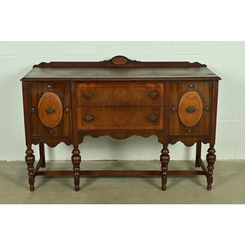 Berkey & Gay Style Antique English Jacobean Carved Walnut and Burl Wood Sideboard, Circa 1920s - Image 2