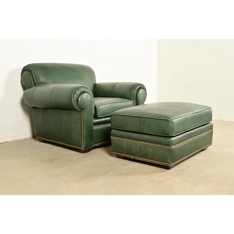 Century Furniture Art Deco Studded Leather Lounge Chair With Ottoman - Image 2