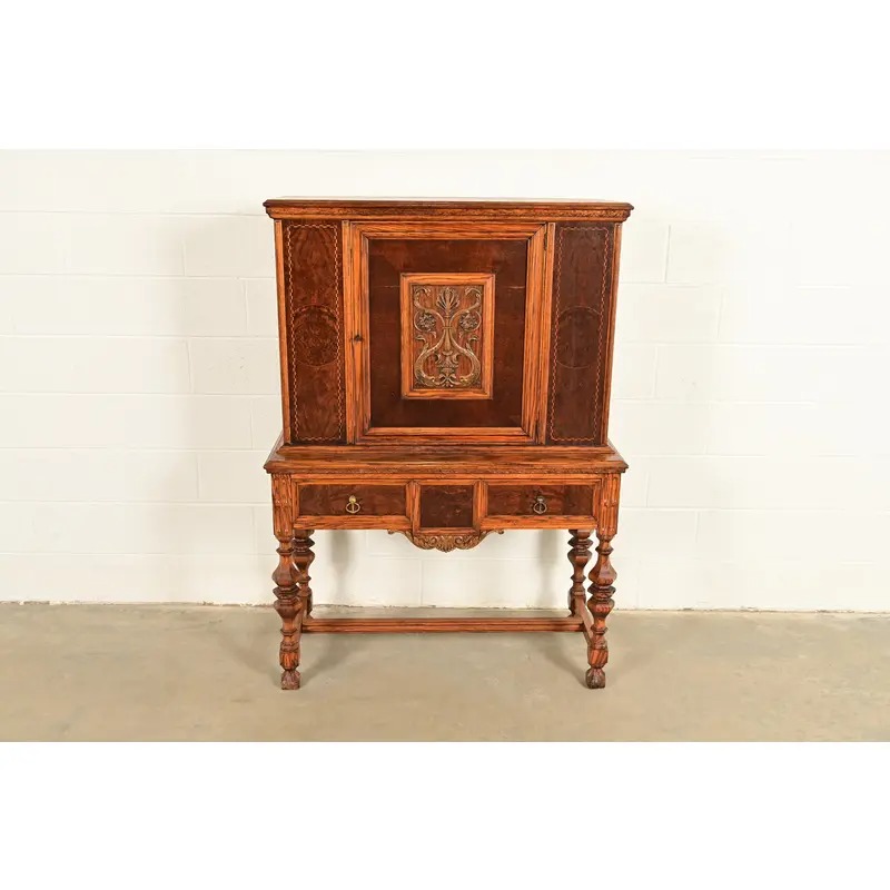 Early Romweber Antique English Jacobean Carved Oak and Burl Wood Bar Cabinet, Circa 1900 - Image 2
