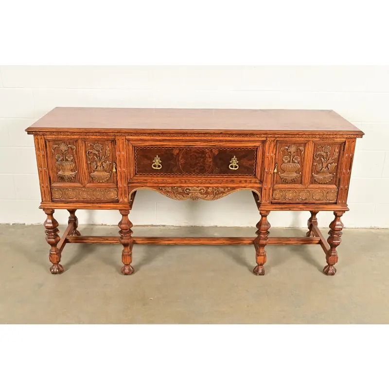 Early Romweber Antique English Jacobean Carved Oak and Burl Wood Sideboard, Circa 1900 - Image 2