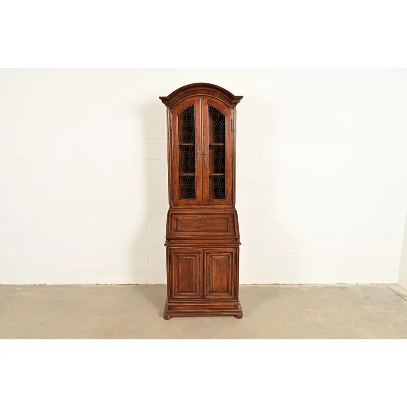 Guido Zichele Style Italian Provincial Carved Walnut Drop Front Secretary Desk With Lighted Bookcase Hutch, Circa 1970s - Image 2