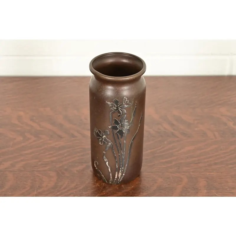 Heintz Arts & Crafts Sterling Silver on Bronze Vase With Floral Decoration - Image 2