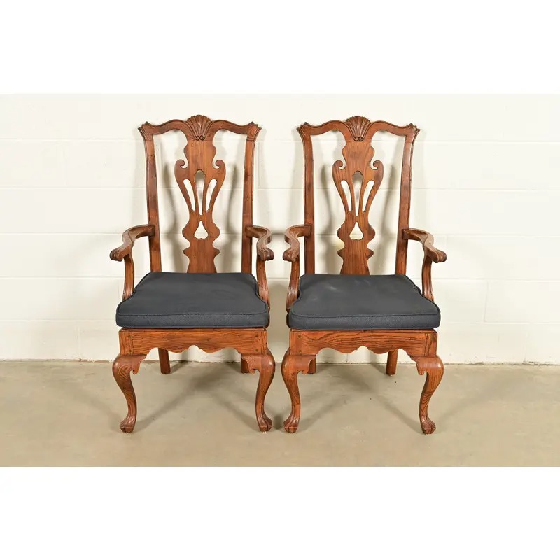 Henredon Georgian Carved Solid Oak Armchairs, Pair - Image 2