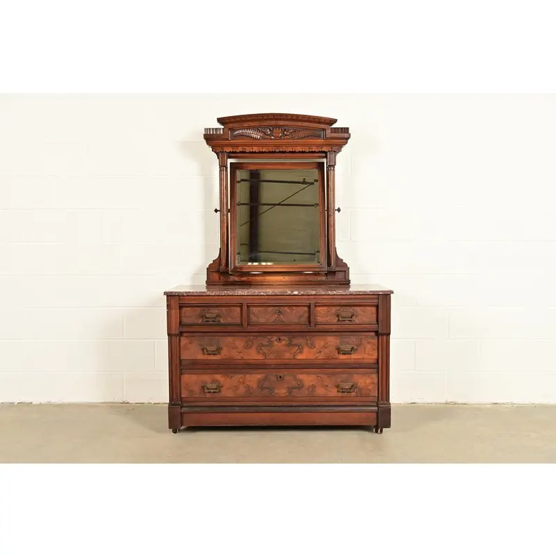 Herter Brothers Style Antique Eastlake Victorian Carved Burled Walnut Marble Top Dresser With Mirror, Circa 1880s - Image 2