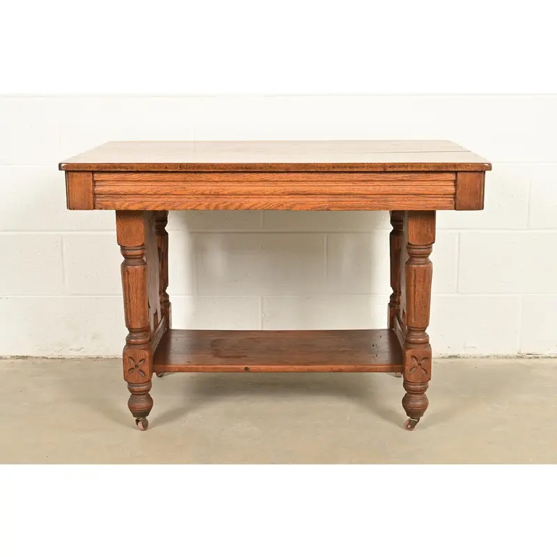 Herter Brothers Style Antique Victorian Carved Oak Writing Desk or Library Table, Circa 1890s - Image 2