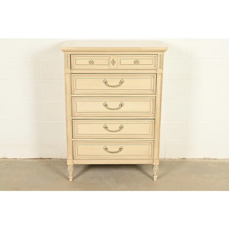 John Widdicomb Style French Regency Louis XVI Cream Lacquered Highboy Dresser, Circa 1960s - Image 2