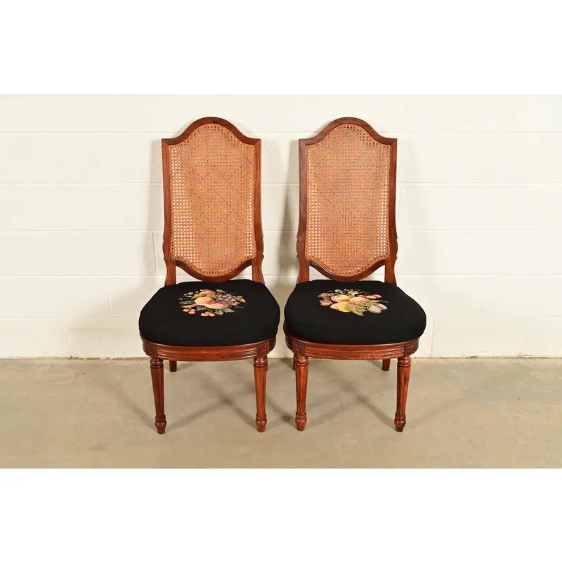 Karges Style French Regency Louis XVI Carved Solid Teak and Cane Back Side Chairs or Dining Chairs, Pair - Image 2
