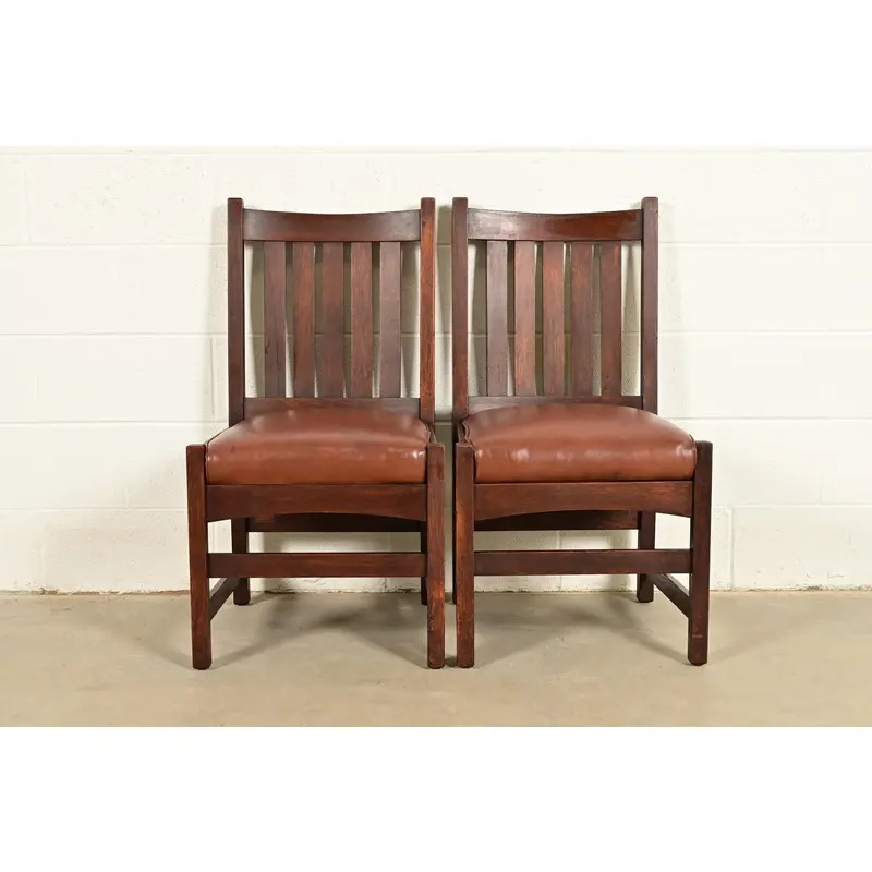 L. & J. G. Stickley Antique Mission Oak Arts & Crafts Side Chairs or Dining Chairs, Pair - Image 2