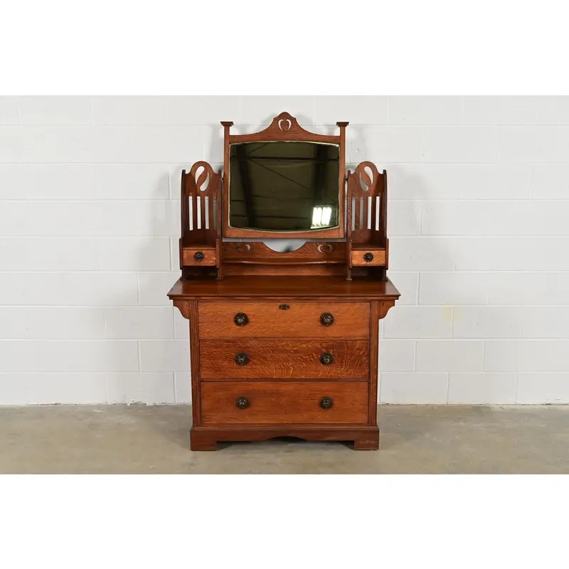 Liberty & Co. Antique English Mission Oak Arts & Crafts Vanity Dresser With Mirror, Circa 1900 - Image 2