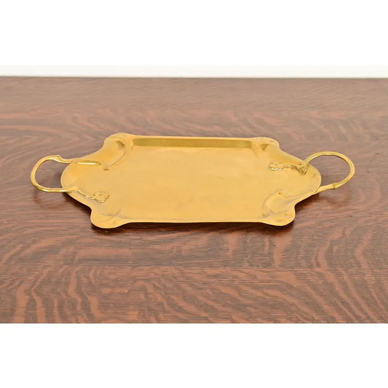Liberty & Co. Style English Arts & Crafts Hammered Brass Handled Serving Tray - Image 2