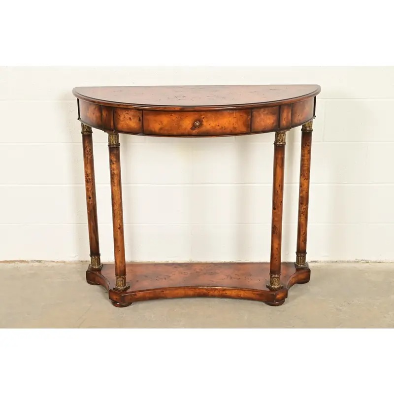 Maitland Smith Style French Empire Burl Wood and Gold Gilt Demilune Console Table - Image 2